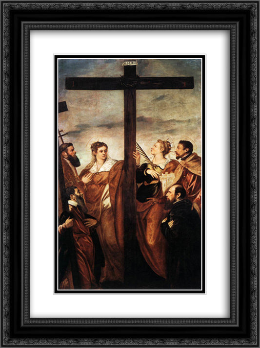 Sts Helen and Barbara Adoring the Cross 18x24 Black Ornate Wood Framed Art Print Poster with Double Matting by Tintoretto