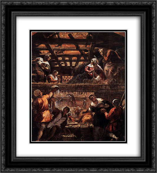 The Adoration of the Shepherds 20x22 Black Ornate Wood Framed Art Print Poster with Double Matting by Tintoretto