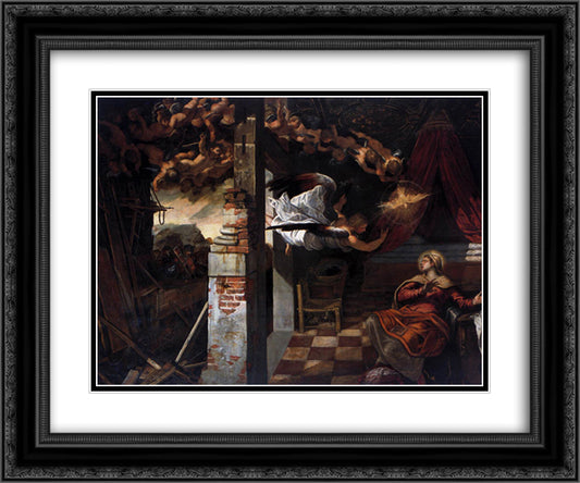 The Annunciation 24x20 Black Ornate Wood Framed Art Print Poster with Double Matting by Tintoretto