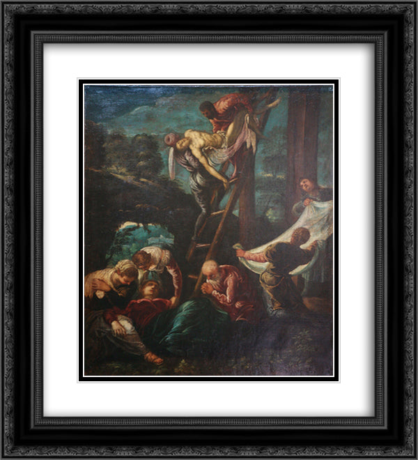 The descent from the Cross 20x22 Black Ornate Wood Framed Art Print Poster with Double Matting by Tintoretto