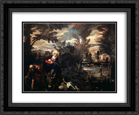 The Flight into Egypt 24x20 Black Ornate Wood Framed Art Print Poster with Double Matting by Tintoretto