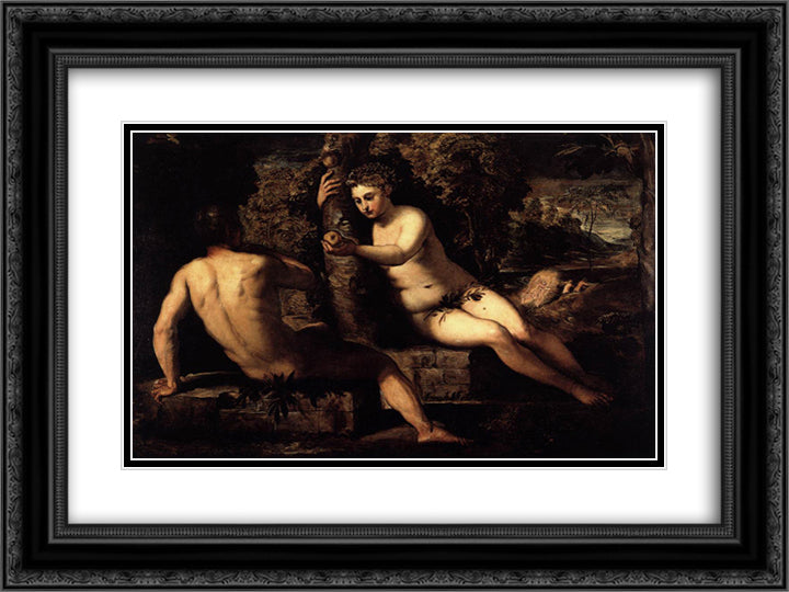 The Temptation of Adam 24x18 Black Ornate Wood Framed Art Print Poster with Double Matting by Tintoretto