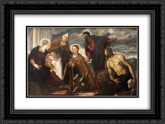 Virgin and Child with Saint Catherine, Saint Augustine, Saint Marc and Saint John the Baptist 24x18 Black Ornate Wood Framed Art Print Poster with Double Matting by Tintoretto