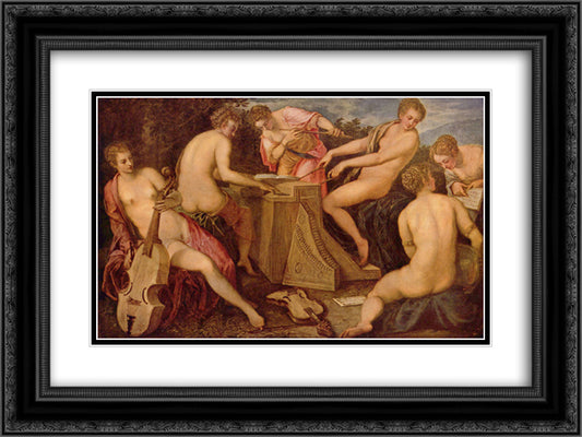 Women playing instruments 24x18 Black Ornate Wood Framed Art Print Poster with Double Matting by Tintoretto