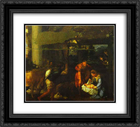 Adoration of the Shepherds 22x20 Black Ornate Wood Framed Art Print Poster with Double Matting by Titian