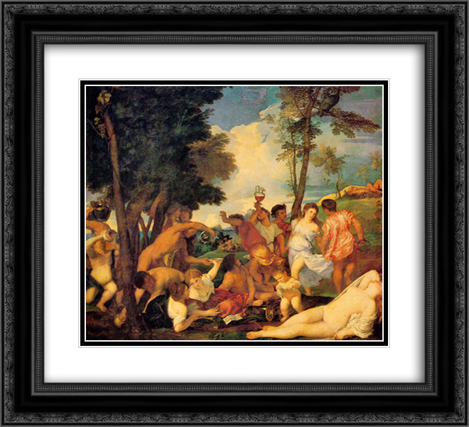 Bacchanal 22x20 Black Ornate Wood Framed Art Print Poster with Double Matting by Titian