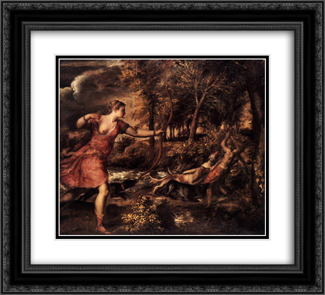 Death of Actaeon 22x20 Black Ornate Wood Framed Art Print Poster with Double Matting by Titian