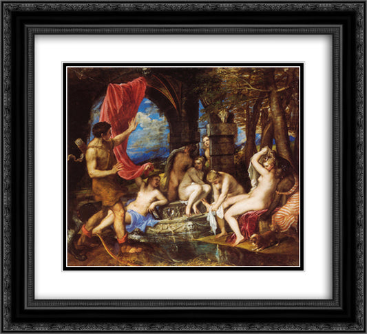 Diana and Actaeon 22x20 Black Ornate Wood Framed Art Print Poster with Double Matting by Titian