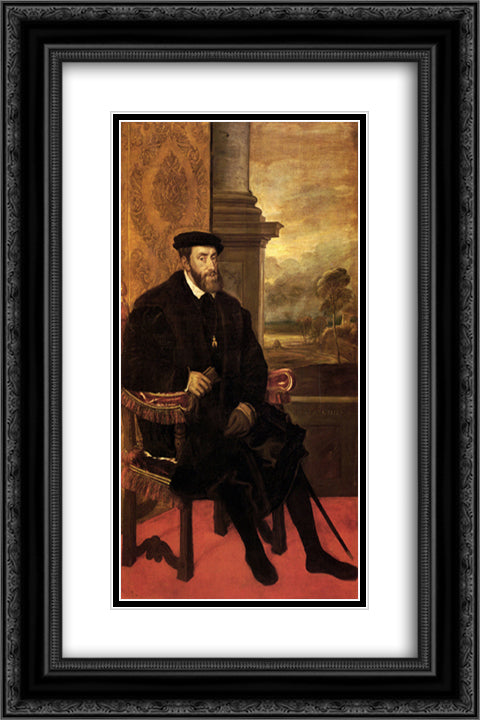 Emperor Charles 16x24 Black Ornate Wood Framed Art Print Poster with Double Matting by Titian