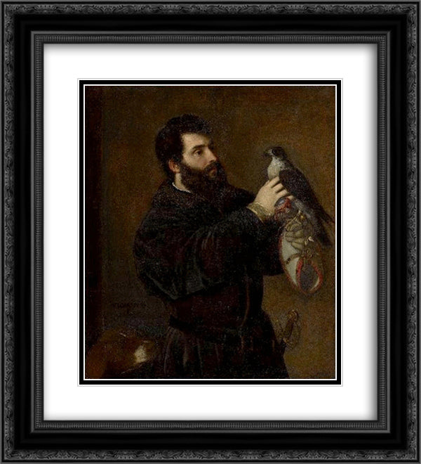 Giorgio Cornaro with a Falcon 20x22 Black Ornate Wood Framed Art Print Poster with Double Matting by Titian