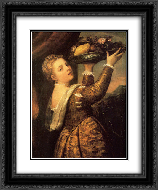 Girl with a Basket of Fruits (Lavinia) 20x24 Black Ornate Wood Framed Art Print Poster with Double Matting by Titian