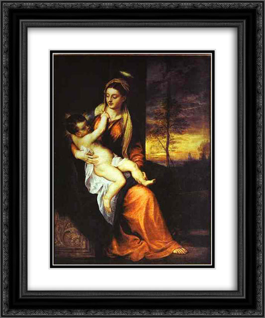 Madonna and Child in an Evening Landscape 20x24 Black Ornate Wood Framed Art Print Poster with Double Matting by Titian