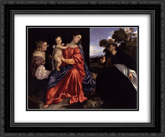 Madonna and Child with Sts Catherine and Dominic and a Donor 24x20 Black Ornate Wood Framed Art Print Poster with Double Matting by Titian