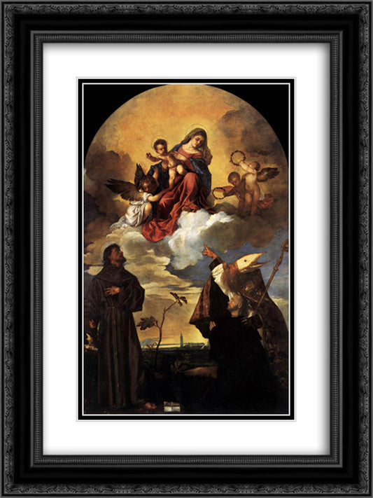 Madonna in Glory with the Christ Child and Sts Francis and Alvise with the Donor 18x24 Black Ornate Wood Framed Art Print Poster with Double Matting by Titian