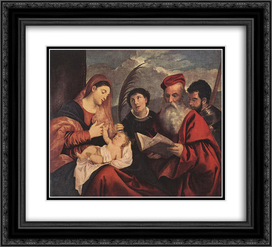 Mary with the Child and Saints 22x20 Black Ornate Wood Framed Art Print Poster with Double Matting by Titian