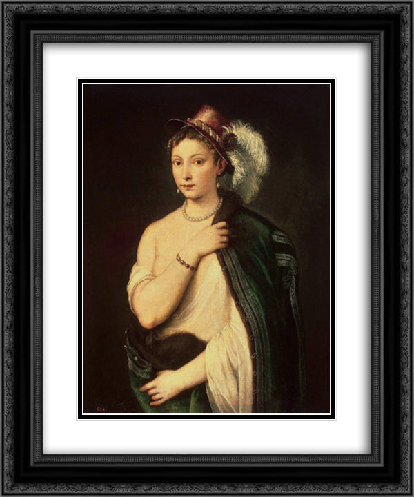 Portrait of a young woman with feather hat 20x24 Black Ornate Wood Framed Art Print Poster with Double Matting by Titian