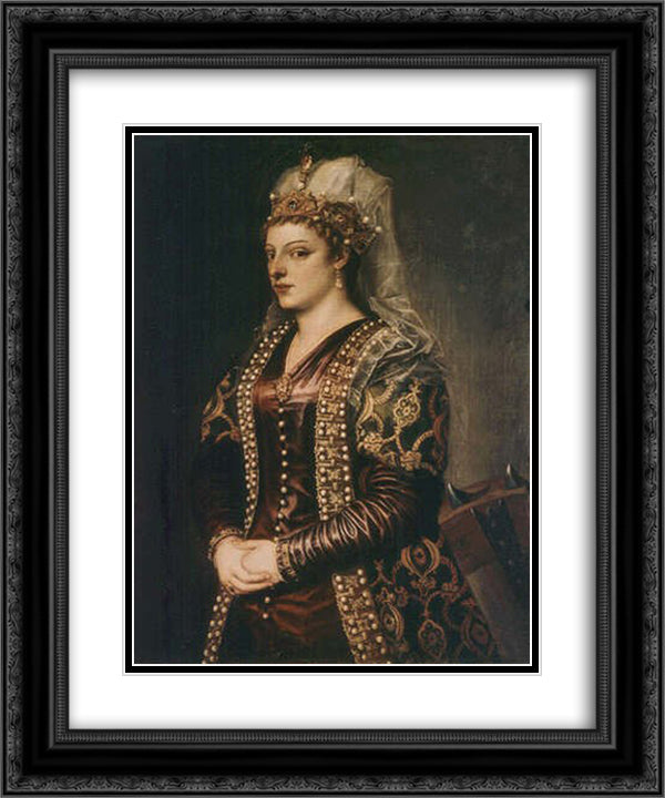 Portrait of Caterina Cornaro (1454-1510) wife of King James II of Cyprus, dressed as St. Catherine 20x24 Black Ornate Wood Framed Art Print Poster with Double Matting by Titian