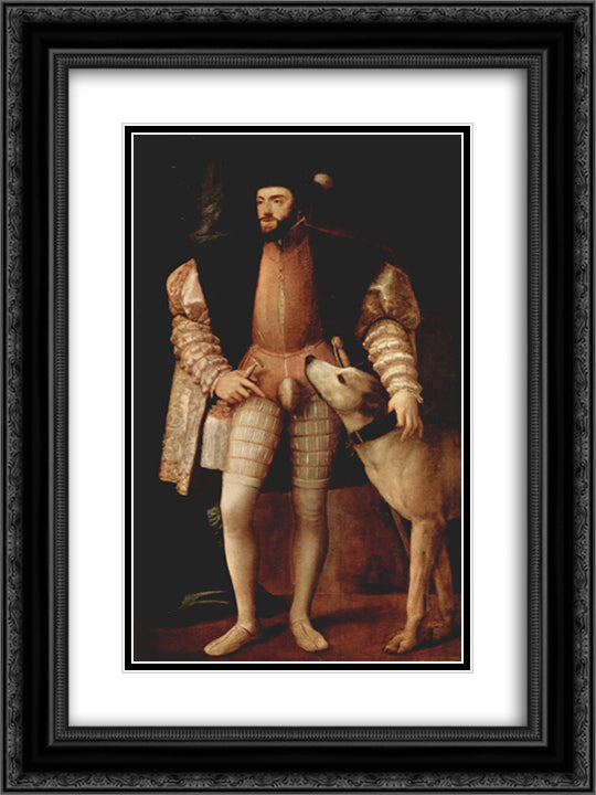 Portrait of Emperor Charles V with dog 18x24 Black Ornate Wood Framed Art Print Poster with Double Matting by Titian