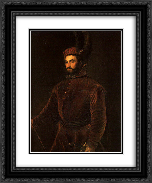 Portrait of Ippolito de Medici in a Hungarian Costume 20x24 Black Ornate Wood Framed Art Print Poster with Double Matting by Titian