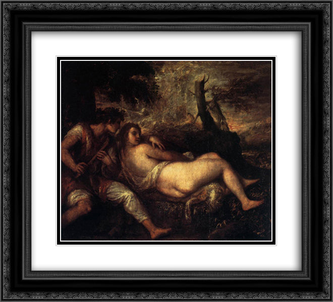 Shepherd and Nymph 22x20 Black Ornate Wood Framed Art Print Poster with Double Matting by Titian