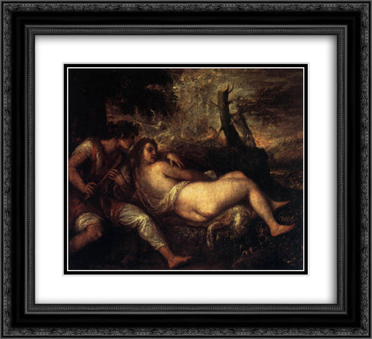 Shepherd and Nymph 22x20 Black Ornate Wood Framed Art Print Poster with Double Matting by Titian