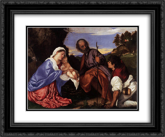 The Holy Family with a Shepherd 24x20 Black Ornate Wood Framed Art Print Poster with Double Matting by Titian