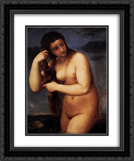 Venus Anadyomene 20x24 Black Ornate Wood Framed Art Print Poster with Double Matting by Titian