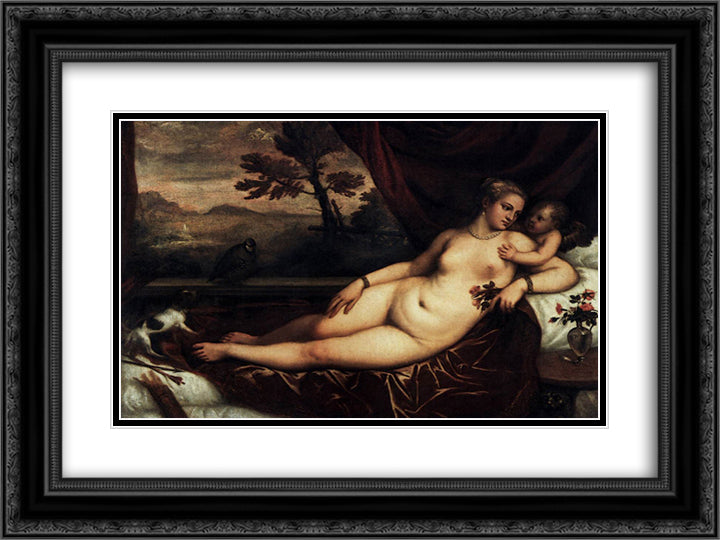 Venus and Cupid 24x18 Black Ornate Wood Framed Art Print Poster with Double Matting by Titian