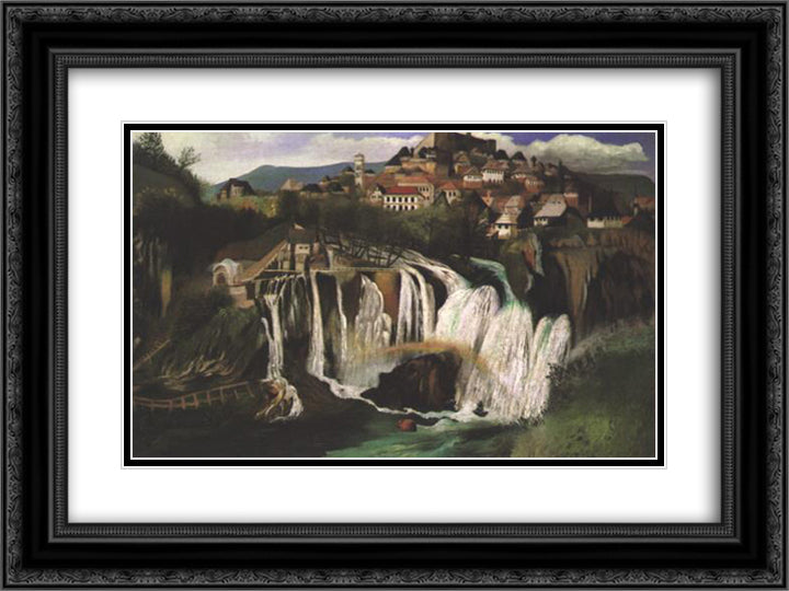 Waterfall at Jajce 24x18 Black Ornate Wood Framed Art Print Poster with Double Matting by Csontvary, Tivadar Kosztka