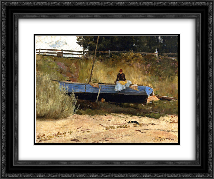 Boat on Beach, Queenscliff 24x20 Black Ornate Wood Framed Art Print Poster with Double Matting by Roberts, Tom