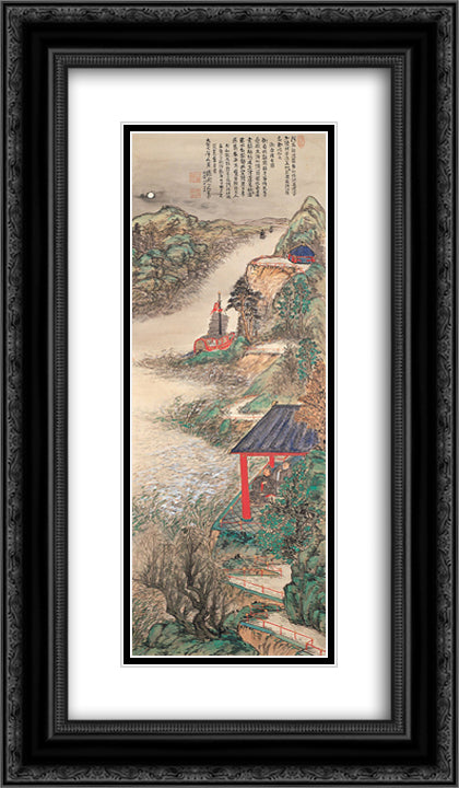 Abe-no-Nakamaro Writing Nostalgic Poem While Moon-viewing 14x24 Black Ornate Wood Framed Art Print Poster with Double Matting by Tomioka Tessai