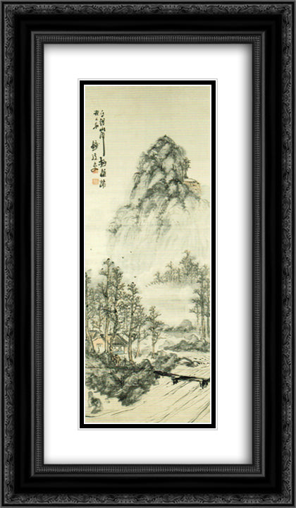 Landscape 14x24 Black Ornate Wood Framed Art Print Poster with Double Matting by Tomioka Tessai