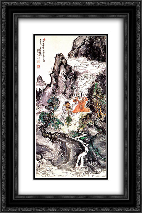 Two Divinities Dancing 16x24 Black Ornate Wood Framed Art Print Poster with Double Matting by Tomioka Tessai