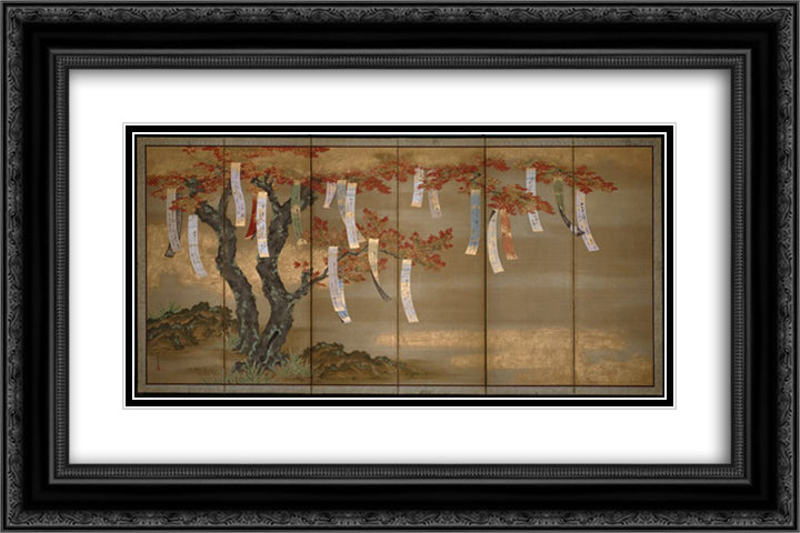 Autumn Maples with Poem Slips 24x16 Black Ornate Wood Framed Art Print Poster with Double Matting by Mitsuoki, Tosa
