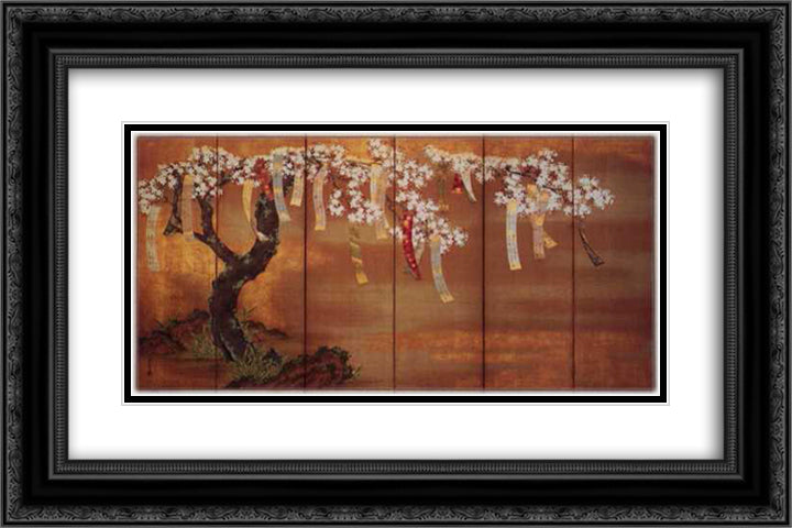 Flowering Cherry with Poem Slips 24x16 Black Ornate Wood Framed Art Print Poster with Double Matting by Mitsuoki, Tosa