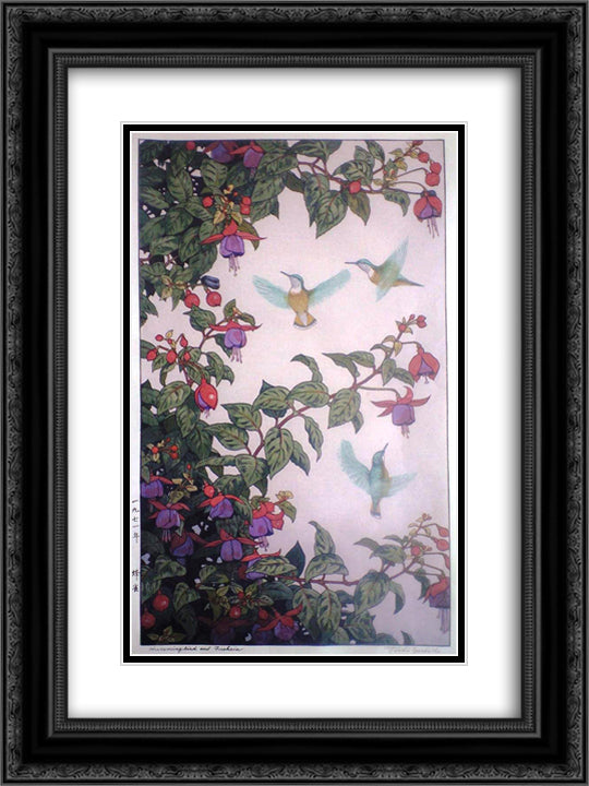 Hummingbird and Fuchsia 18x24 Black Ornate Wood Framed Art Print Poster with Double Matting by Yoshida, Toshi