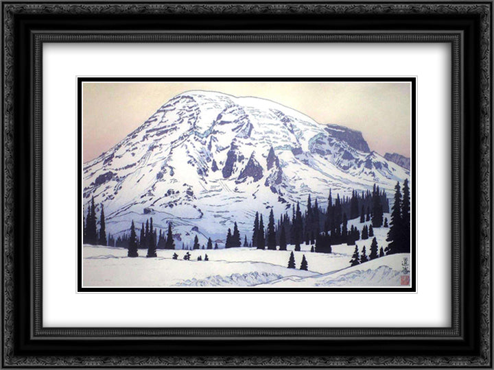 Mt. Rainier in Winter 24x18 Black Ornate Wood Framed Art Print Poster with Double Matting by Yoshida, Toshi