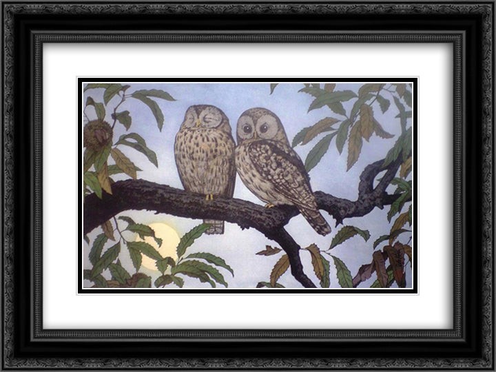 Two Owls 24x18 Black Ornate Wood Framed Art Print Poster with Double Matting by Yoshida, Toshi