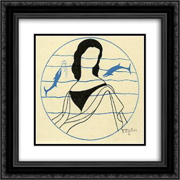 A Lady with Dolphins 20x20 Black Ornate Wood Framed Art Print Poster with Double Matting by Toyen