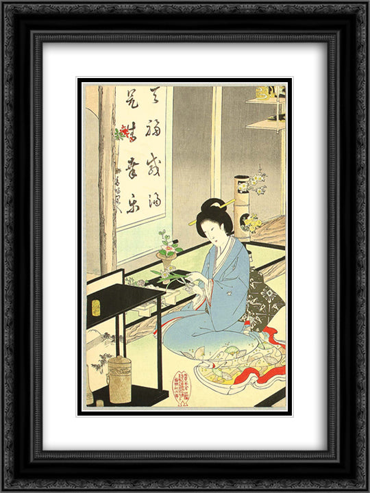Flower Arranging and Tea Ceremony 18x24 Black Ornate Wood Framed Art Print Poster with Double Matting by Toyohara, Chikanobu