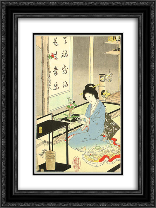 Flower Arranging and Tea Ceremony 18x24 Black Ornate Wood Framed Art Print Poster with Double Matting by Toyohara, Chikanobu