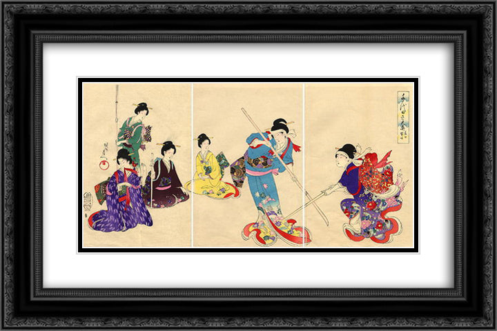 Practicing pole sword 24x16 Black Ornate Wood Framed Art Print Poster with Double Matting by Toyohara, Chikanobu