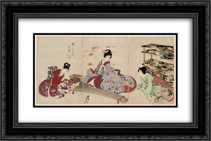 Preparing to Play the Koto 24x16 Black Ornate Wood Framed Art Print Poster with Double Matting by Toyohara, Chikanobu