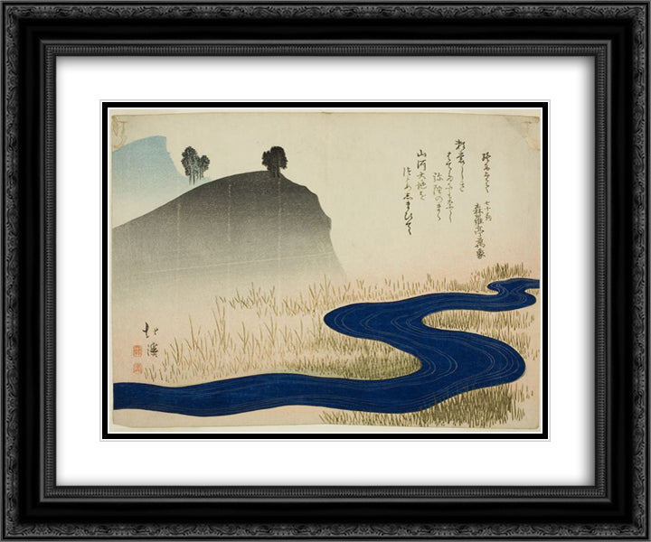 A Mountainous Landscape with a Stream 24x20 Black Ornate Wood Framed Art Print Poster with Double Matting by Hokkei, Toyota