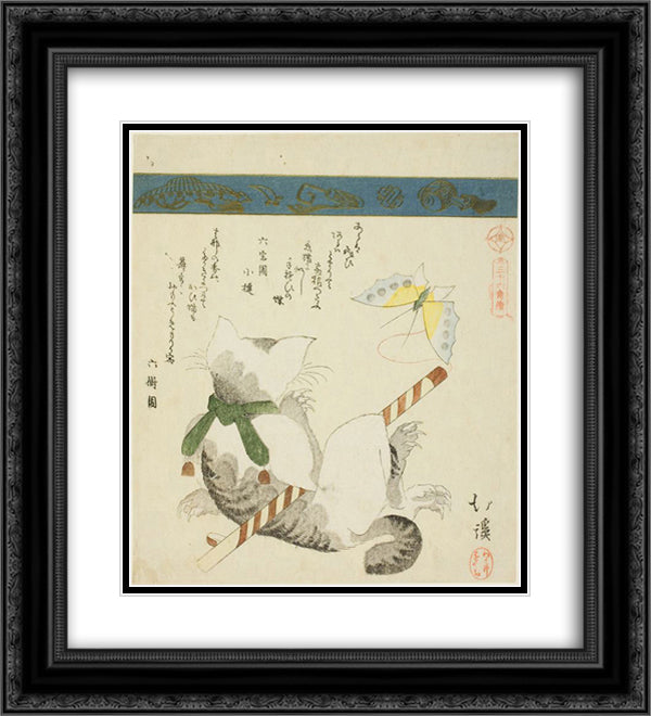 Cat Playing with a Toy Butterfly 20x22 Black Ornate Wood Framed Art Print Poster with Double Matting by Hokkei, Toyota
