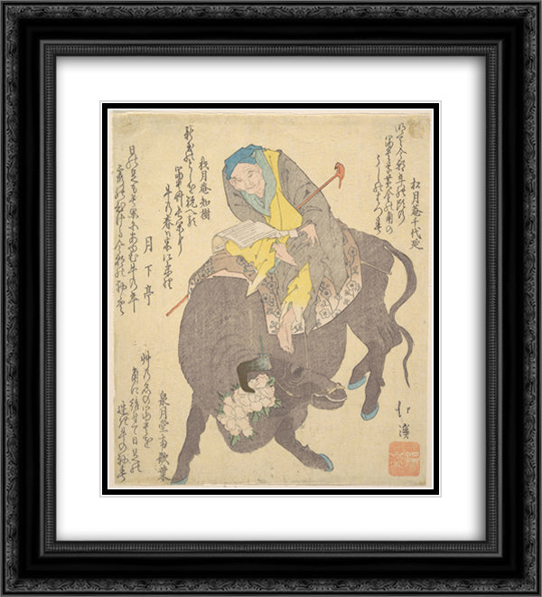 Chinese Sage Reading While Riding on a Buffalo 20x22 Black Ornate Wood Framed Art Print Poster with Double Matting by Hokkei, Toyota