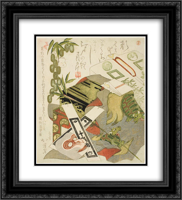 Still-Life with Monkey Mask 20x22 Black Ornate Wood Framed Art Print Poster with Double Matting by Hokkei, Toyota