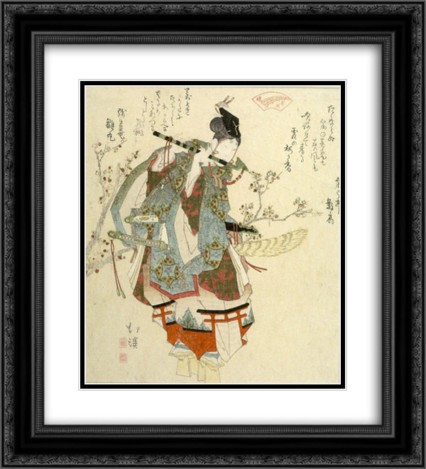 Ushikawa Playing His Flute, issued by the Seirei Akabaren 20x22 Black Ornate Wood Framed Art Print Poster with Double Matting by Hokkei, Toyota
