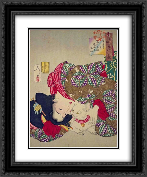 A young woman from Kansei period playing with her cat 20x24 Black Ornate Wood Framed Art Print Poster with Double Matting by Yoshitoshi, Tsukioka