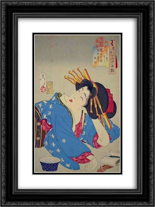 Looking relaxed - The appearance of a Kyoto geisha of the Kansei era 18x24 Black Ornate Wood Framed Art Print Poster with Double Matting by Yoshitoshi, Tsukioka
